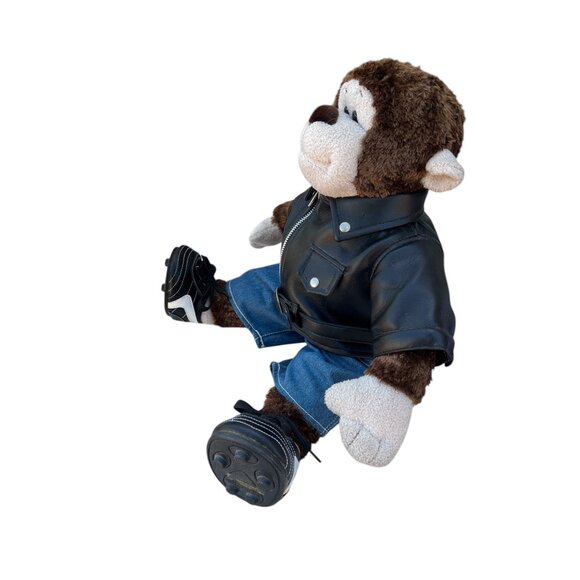 BAB Brown Monkey Plush Toy In Faux Leather Jacket & Denim Outfit With Sneakers - Picture 5 of 16